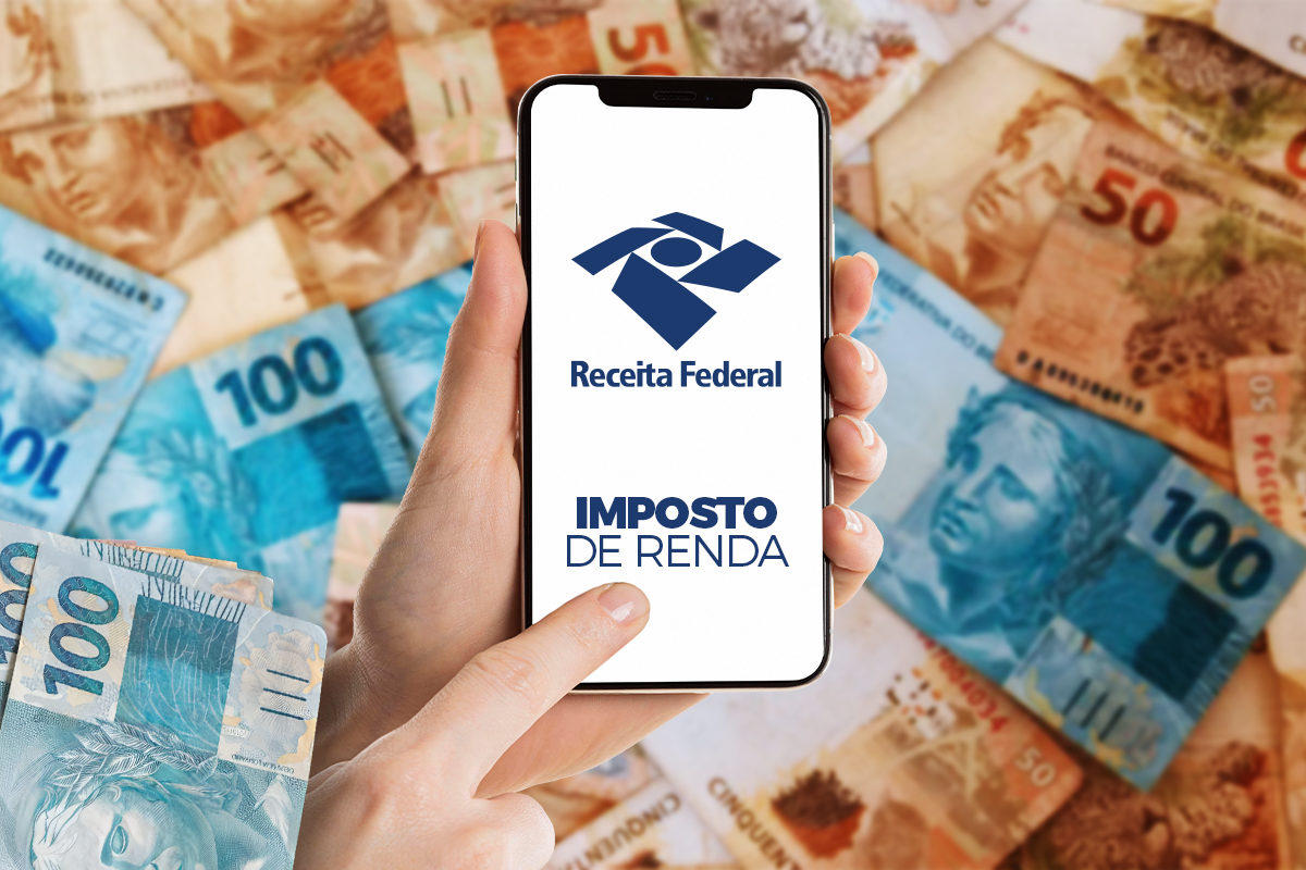 Tela de smartphone exibindo logo da Receita Federal e texto Imposto de Renda, com fundo de notas de real ao redor