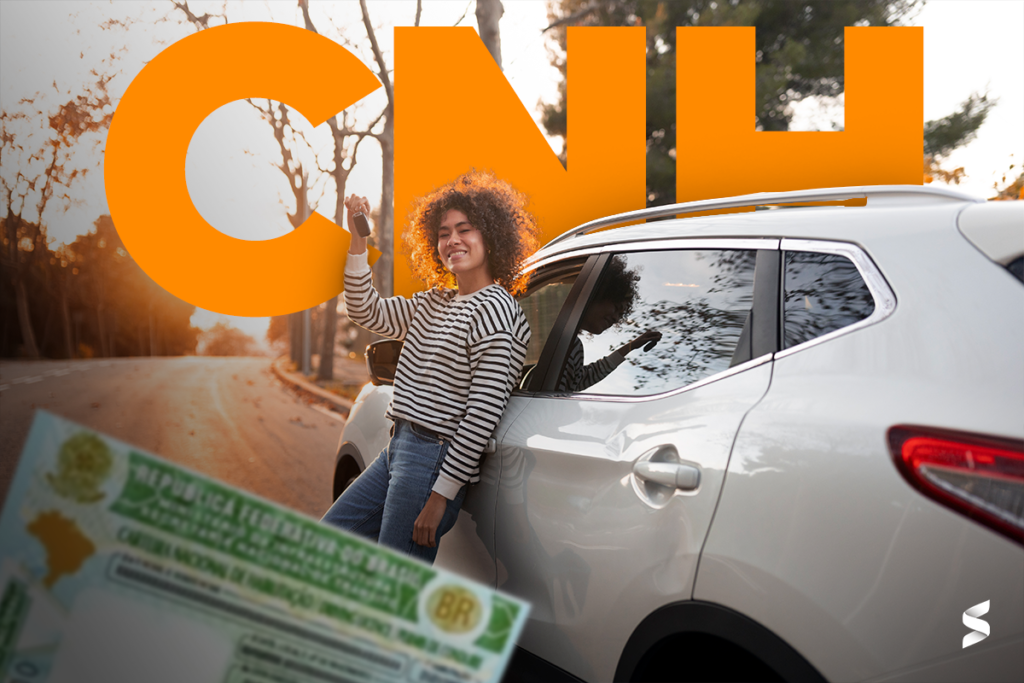 Montagem com imagem de mulher junto à carro e a inscrição CNH com documento