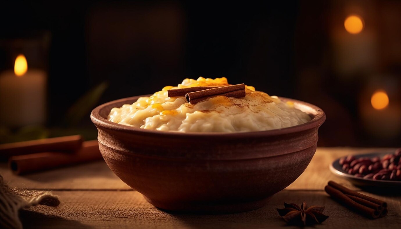 Sobremesa de arroz doce. Imagem: Freepik/ vecstock