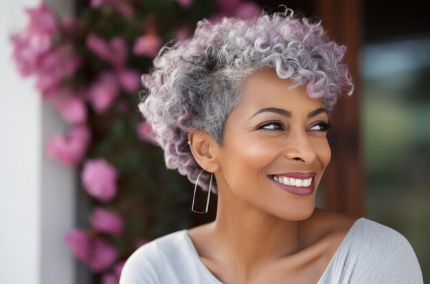 Mulher madura sorrindo com o seu cabelo curto cacheado