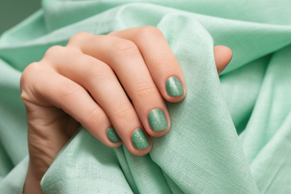 Unhas curtas pintadas com esmalte verde oliva brilhante, combinando com tecido da mesma cor.