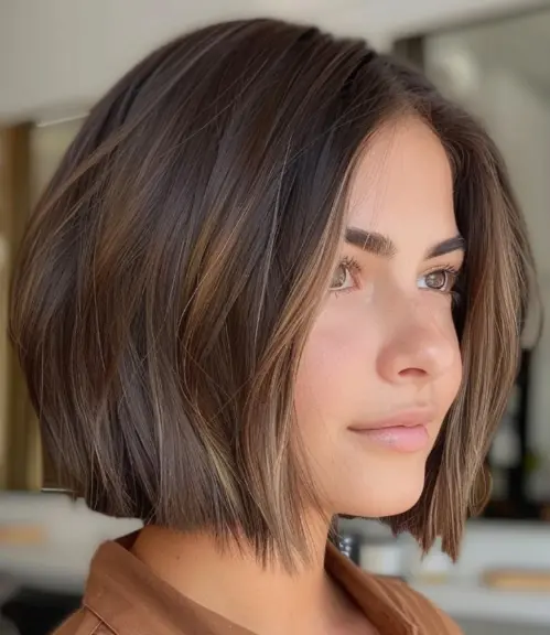 Mulher com cabelo curto estilo blunt cut, olhando de perfil.