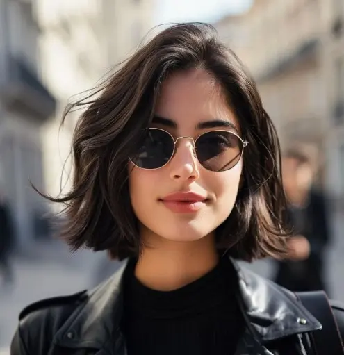 Mulher com cabelo estilo bob italiano, usando óculos escuros e jaqueta de couro, sorrindo em ambiente urbano.