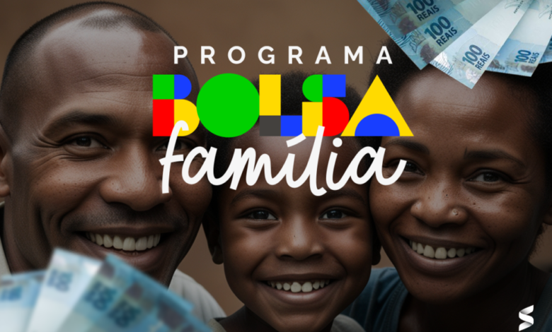 Família sorrindo com notas de dinheiro, representando o programa Bolsa Família. Imagem: Idosos Brasil