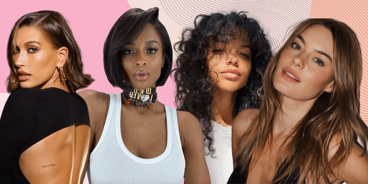Quatro estilos de cortes de cabelo femininos em tendência para 2025, incluindo bob curto, cacheado volumoso, médio com ondas e reto polido