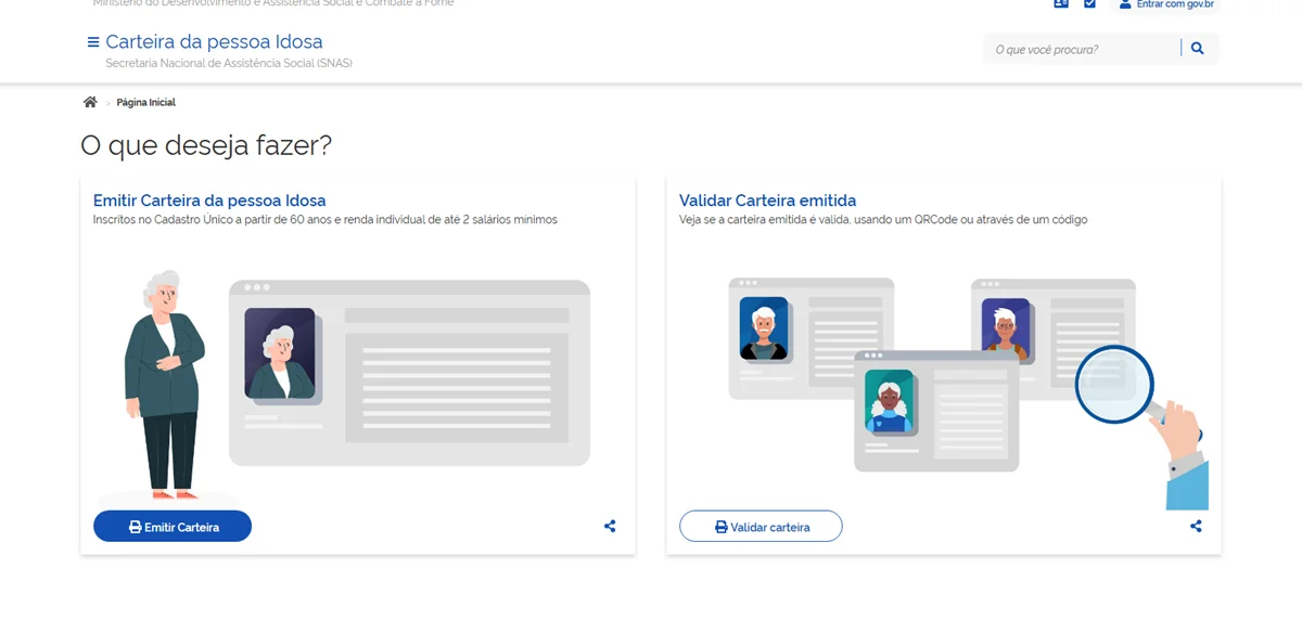 Interface do site para emissão da Carteira da Pessoa Idosa, com opções para emitir ou validar a carteira online