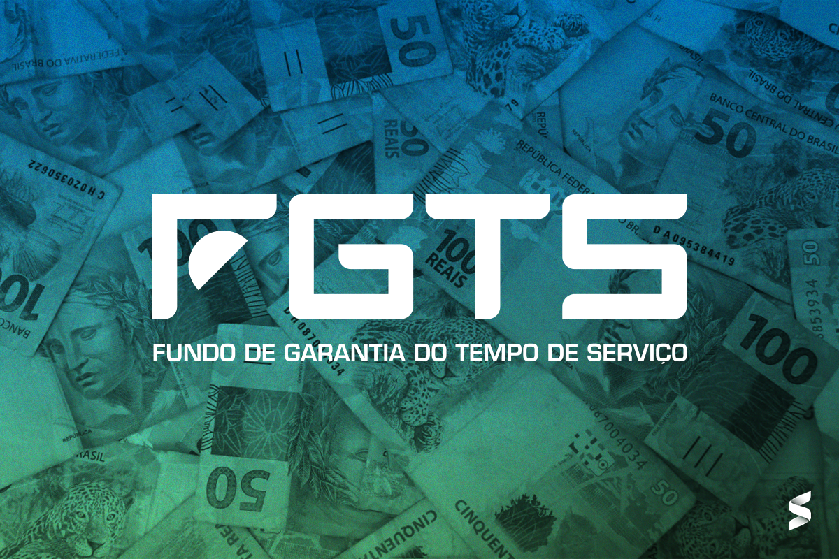 Cédulas de real ao fundo com o logotipo do FGTS em destaque, representando impacto no mercado financeiro.