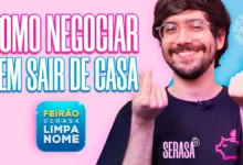 Imagem de divulgação sobre como negociar dívidas com a Serasa, mostrando o 'Feirão Serasa Limpa Nome' e apresentando um apresentador em um fundo colorido.