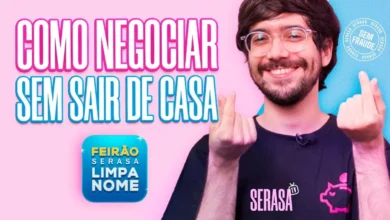 Imagem de divulgação sobre como negociar dívidas com a Serasa, mostrando o 'Feirão Serasa Limpa Nome' e apresentando um apresentador em um fundo colorido.