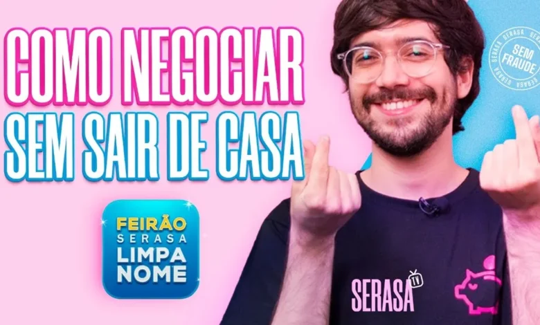 Imagem de divulgação sobre como negociar dívidas com a Serasa, mostrando o 'Feirão Serasa Limpa Nome' e apresentando um apresentador em um fundo colorido.