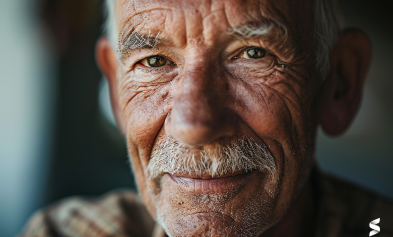 Rosto sorridente de um idoso com olhar expressivo e rugas marcantes.