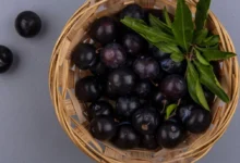 Frutas de jabuticaba frescas em uma cesta, prontas para serem usadas na preparação de duda de jabuticaba.