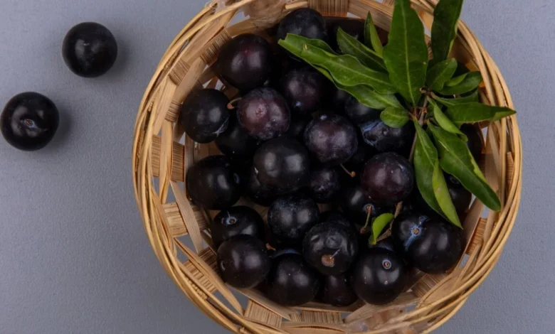 Frutas de jabuticaba frescas em uma cesta, prontas para serem usadas na preparação de duda de jabuticaba.