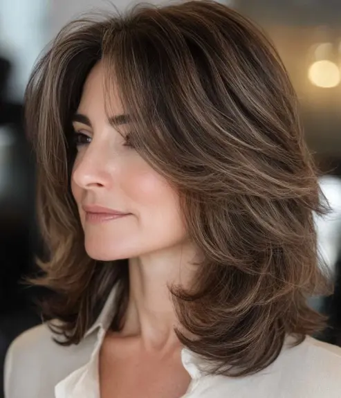 Mulher com cabelo estilo Kitty Cut, com volume e camadas bem definidas, olhando para o lado.