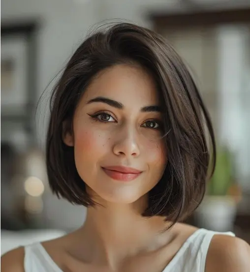 Mulher sorrindo com cabelo curto estilo bob, em ambiente interno, com expressão amigável.