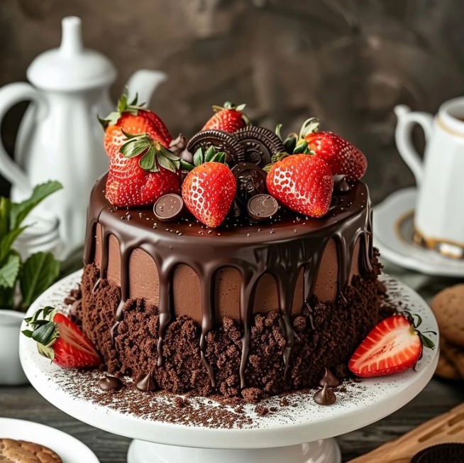 Bolo de chocolate decorado com morangos frescos, biscoitos e cobertura de ganache.