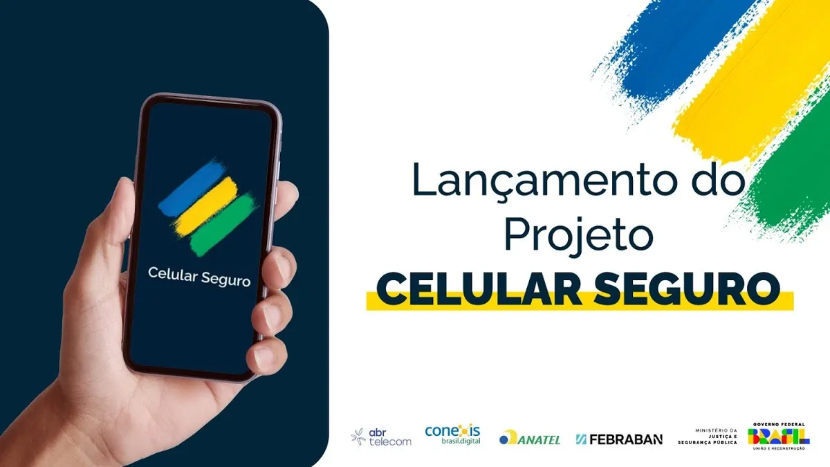 Tela de celular exibindo o aplicativo Celular Seguro, com destaque para o lançamento do projeto.