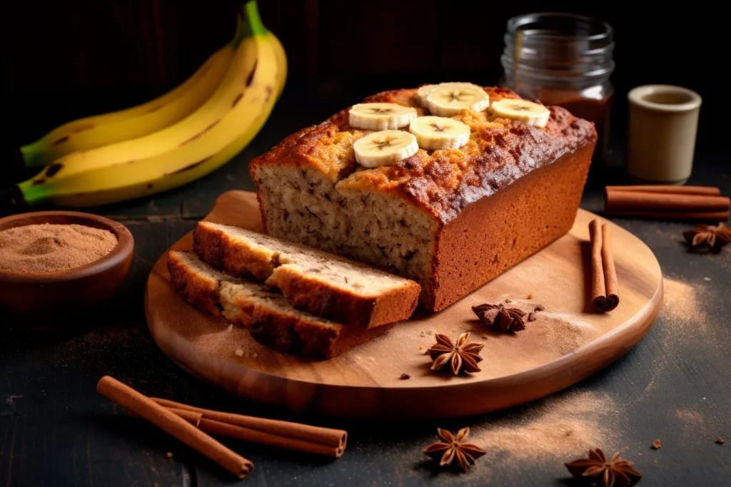 Fatias de pão de banana fresco com banana na parte superior, ao lado de uma tigela de canela e especiarias