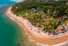 Vista aérea paradisíaca da Península de Maraú, na Bahia, com praias de águas cristalinas e coqueiros exuberantes