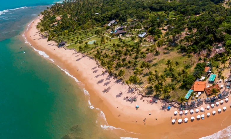 Vista aérea paradisíaca da Península de Maraú, na Bahia, com praias de águas cristalinas e coqueiros exuberantes