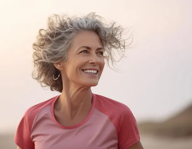  Mulher madura sorrindo ao ar livre, representando bem-estar e saúde física e mental.