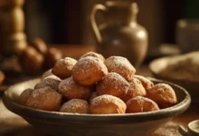 Bolinho de chuva de fubá com açúcar, delicadamente empilhados em uma tigela de barro.