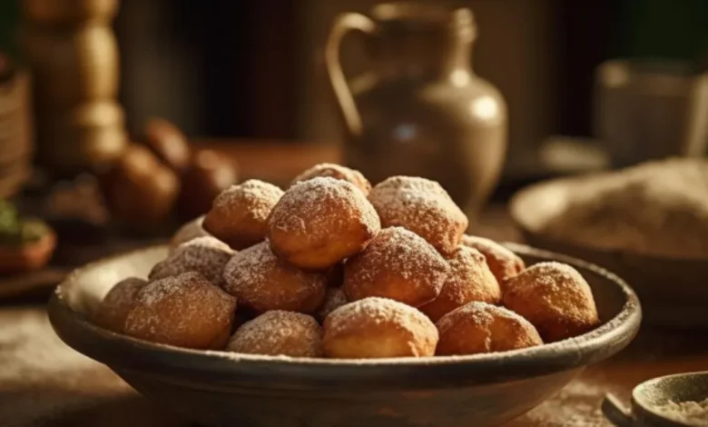 Bolinho de chuva de fubá com açúcar, delicadamente empilhados em uma tigela de barro.