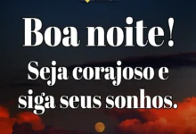 Mensagem de boa noite inspiradora com fundo de céu e lua, destacando motivação para seguir os sonhos.