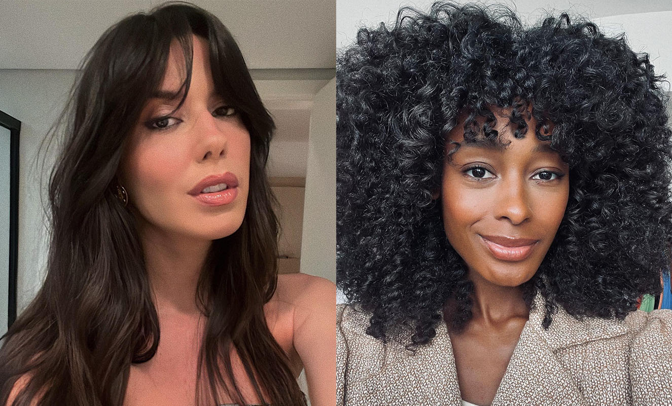 Mulheres com diferentes estilos de franja: uma com cabelo longo e liso e outra com cabelo volumoso e cacheado