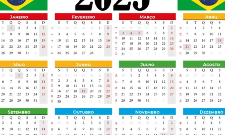 Calendário do Brasil de 2025 com feriados destacados em vermelho