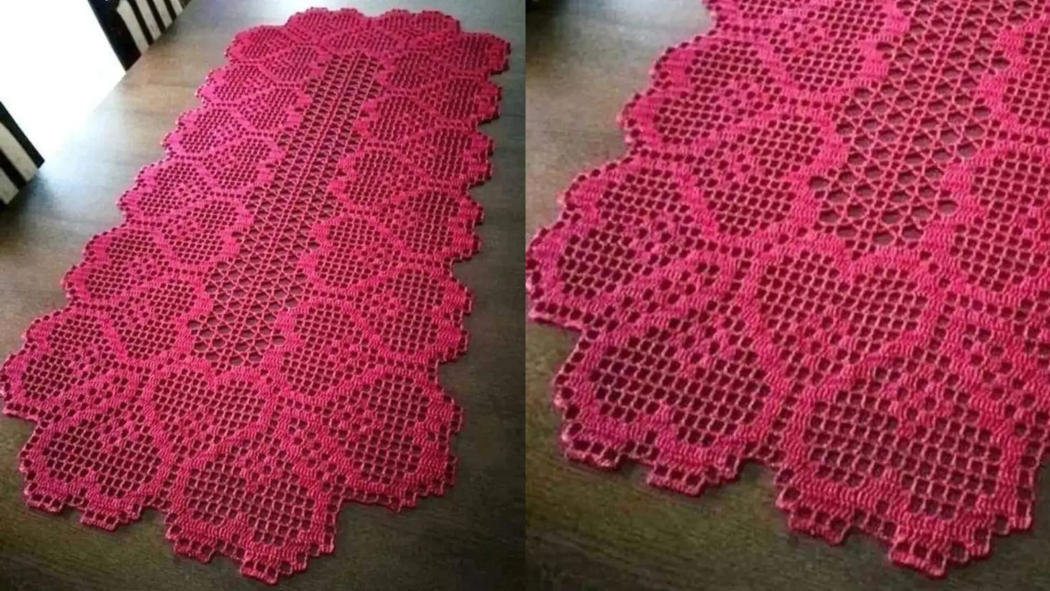 Caminho de mesa em crochê vermelho com detalhes em corações, peça sofisticada para decoração elegante