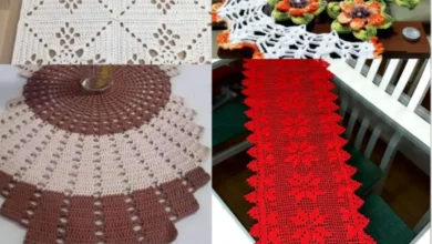 Conjunto de caminhos de mesa de crochê com diferentes padrões e cores vibrantes.