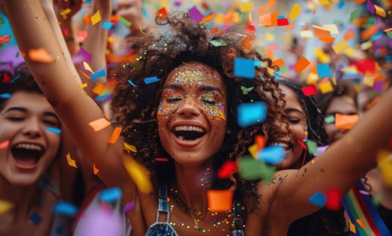 Mulher sorrindo em meio a confetes coloridos, com maquiagem brilhante para o Carnaval.