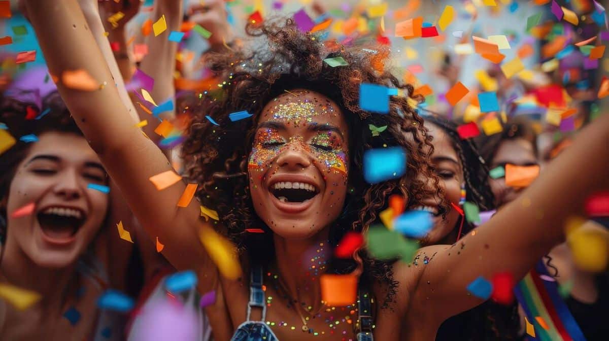 Mulher sorrindo em meio a confetes coloridos, com maquiagem brilhante para o Carnaval.