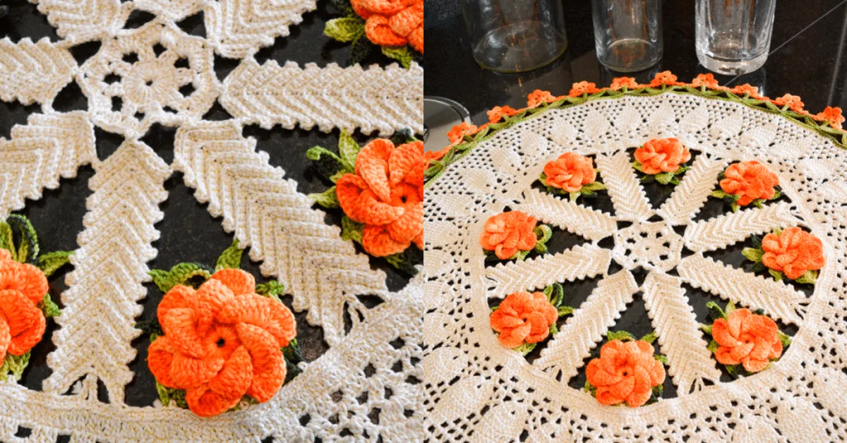 Centro de mesa de crochê com flores vibrantes, mostrando detalhes de flores laranjas sobre fundo branco, criando um design atraente.