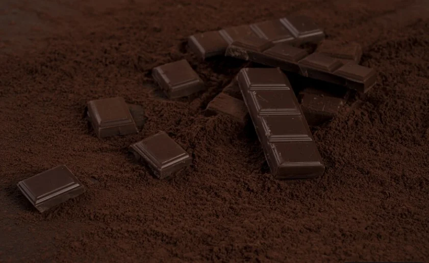 Pedaços de chocolate meio amargo espalhados sobre pó de cacau.