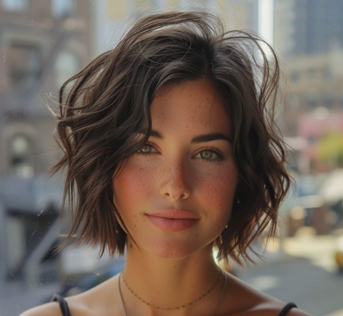 Mulher com corte de cabelo curto assimétrico e ondulado, destacando um visual moderno e estiloso.