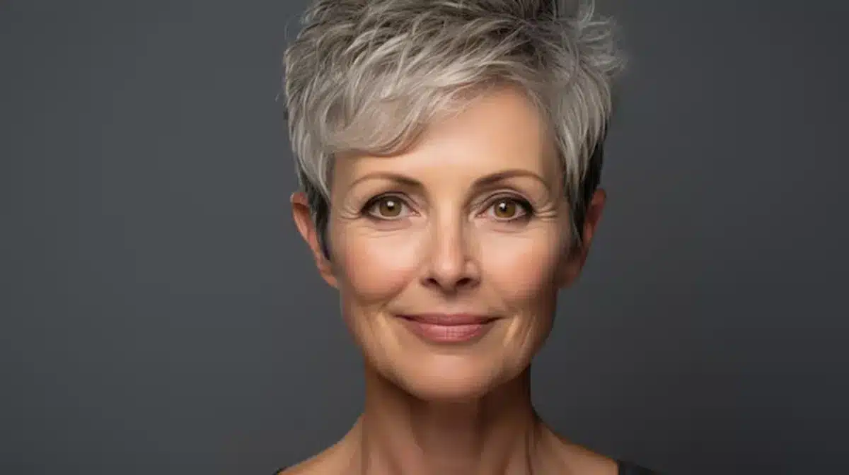 Mulher com corte curto moderno e sofisticado, ideal para realçar a beleza natural.