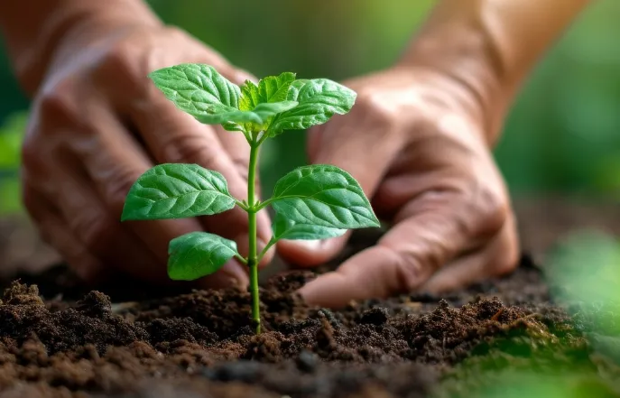 Mãos cuidando de uma planta recém-plantada no solo.