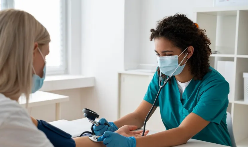 Profissional de saúde medindo a pressão arterial de uma paciente, representando exames para diagnóstico da tireoide.