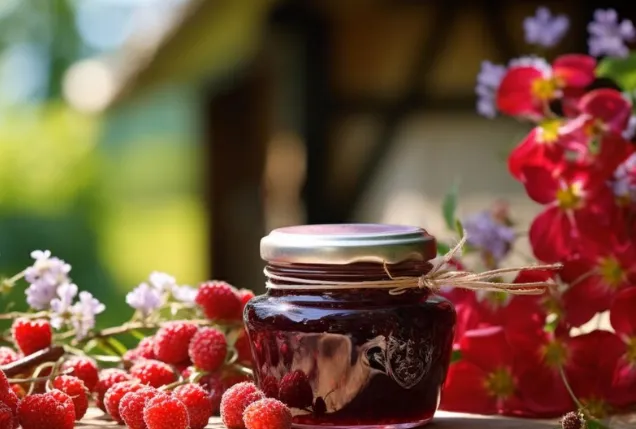 Geleia de frutas vermelhas em pote, acompanhada de morangos frescos e flores.