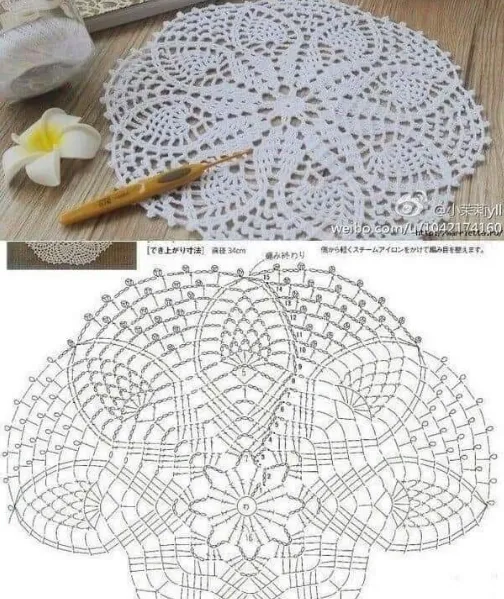 Gráfico e peça finalizada de um caminho de mesa em crochê detalhado.