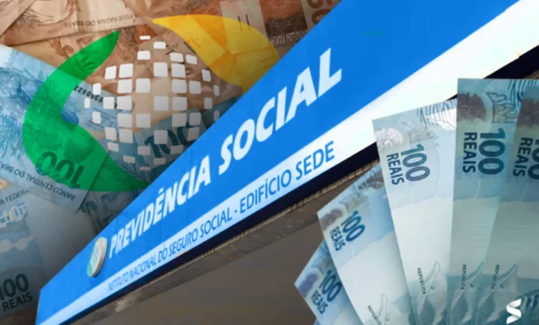 Logotipo do Instituto Nacional do Seguro Social (INSS) e cédulas de 100 reais ao fundo.