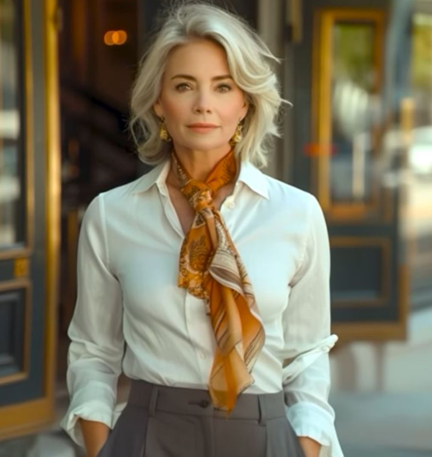 Mulher elegante usando uma camisa branca e um lenço, destacando o uso de acessórios no visual.