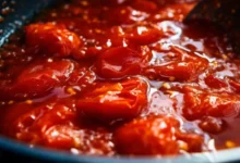 Molho de tomate caseiro sendo preparado com tomates frescos em uma panela.