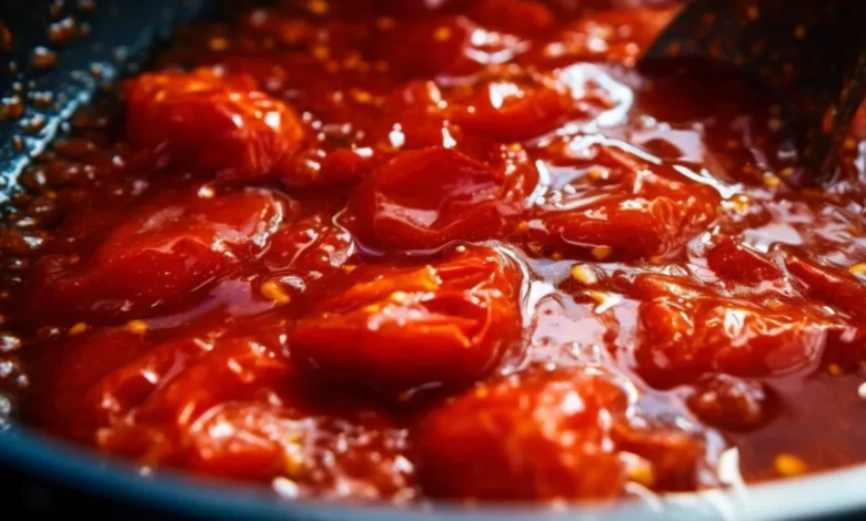 Molho de tomate caseiro sendo preparado com tomates frescos em uma panela.