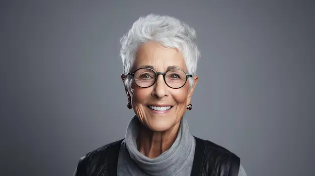 Mulher idosa com cabelo curto branco, usando óculos, suéter cinza e colete preto, sorrindo contra um fundo neutro.