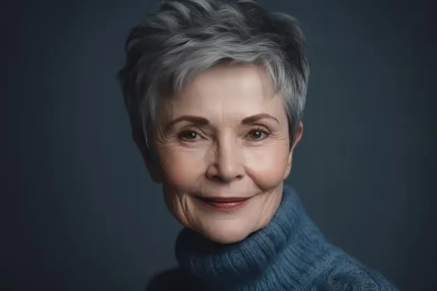 Mulher idosa com cabelo curto grisalho, vestindo suéter azul, sorrindo suavemente contra um fundo escuro.