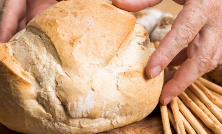 Mãos segurando pão caseiro fresco em tábua de madeira, ao lado de grissinis.