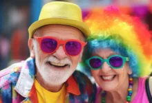 Casal animado com fantasias coloridas e perucas vibrantes curtindo o Carnaval.